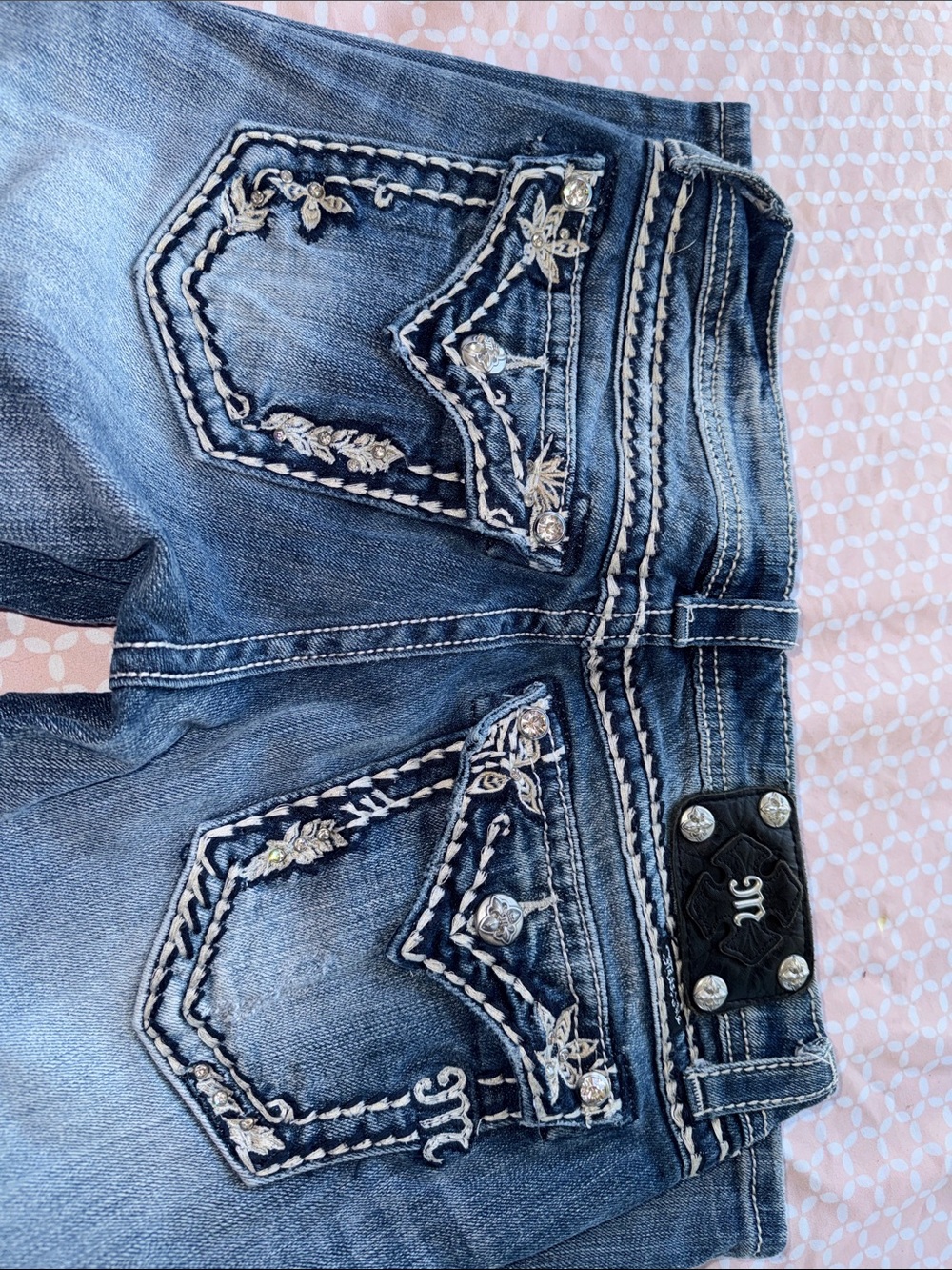 Miss Me Dark Blue Denim Capris with Cream Embroidery